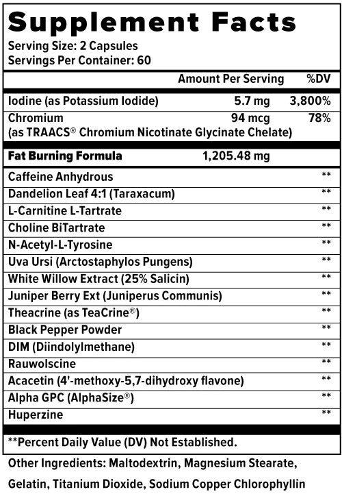 Supplement facts label with various ingredients and their amounts per serving.