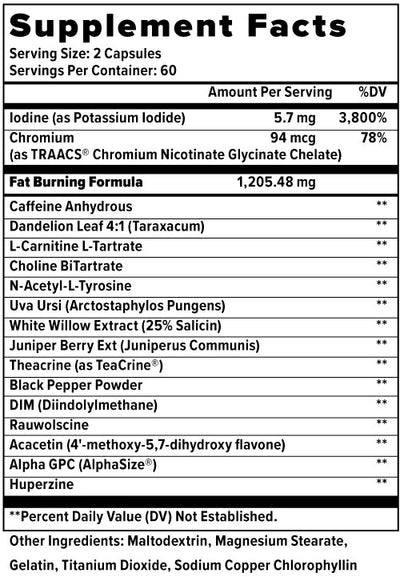 Supplement facts label with various ingredients and their amounts per serving.