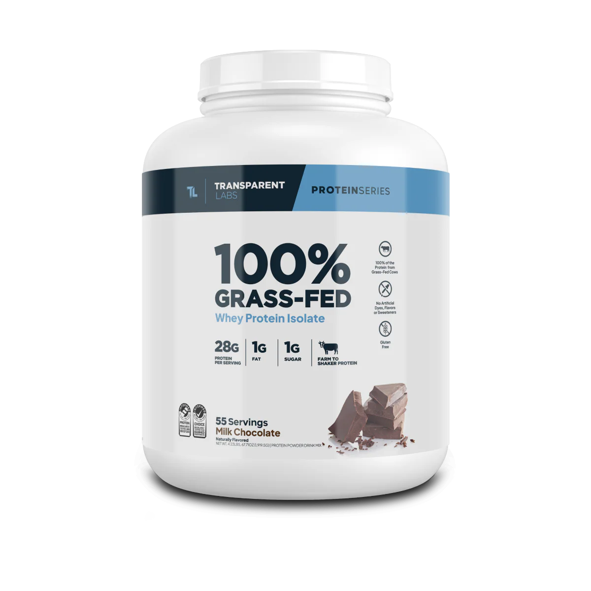 Transparent Labs Whey Protein isolate powder container labeled '100% Grass-Fed' in Milk Chocolate with 55 servings on a white background