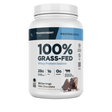 A container of Transparent Labs 100% Grass-Fed Whey Protein Isolate in Milk Chocolate flavor, displaying nutritional information and branding.