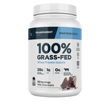 A container of Transparent Labs 100% Grass-Fed Whey Protein Isolate in Milk Chocolate flavor, displaying nutritional information and branding.
