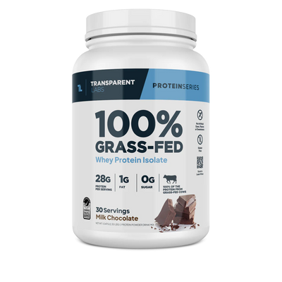 A container of Transparent Labs 100% Grass-Fed Whey Protein Isolate in Milk Chocolate flavor, displaying nutritional information and branding.
