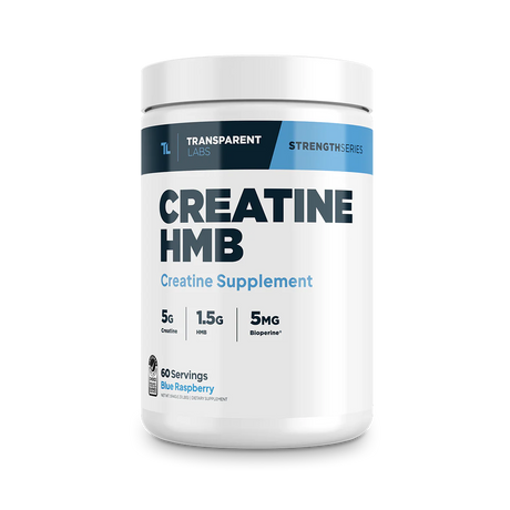 A container of Transparent Labs Creatine HMB Blue Raspberry 60 Servings, which is a creatine supplement.
