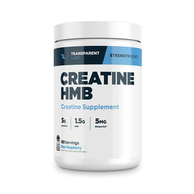 A container of Transparent Labs Creatine HMB Blue Raspberry 60 Servings, which is a creatine supplement.