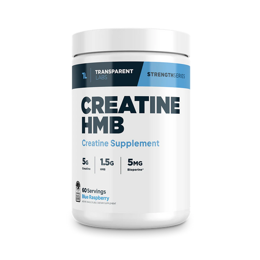 A container of Transparent Labs Creatine HMB Blue Raspberry 60 Servings, which is a creatine supplement.