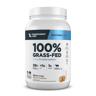 Transparent Labs 100% Grass-Fed protein powder container on a white background