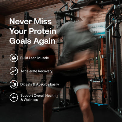 Person exercising in a gym with text about protein benefits overlayed.