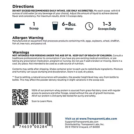Back label of a protein supplement package with directions, allergen warning, and contact information.