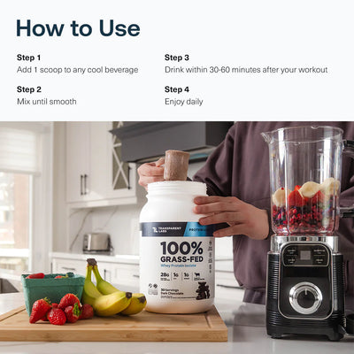 Protein powder container with blender and fruits on a kitchen counter, showing usage steps.