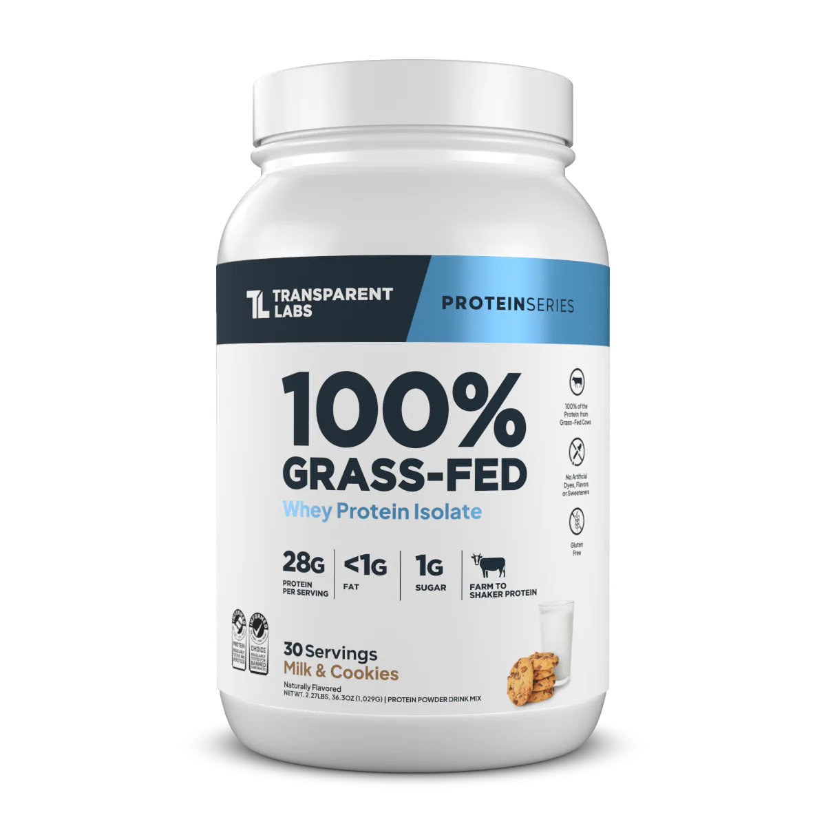 Transparent Labs 100% Grass-Fed whey protein isolate powder in Milk & Cookies flavor