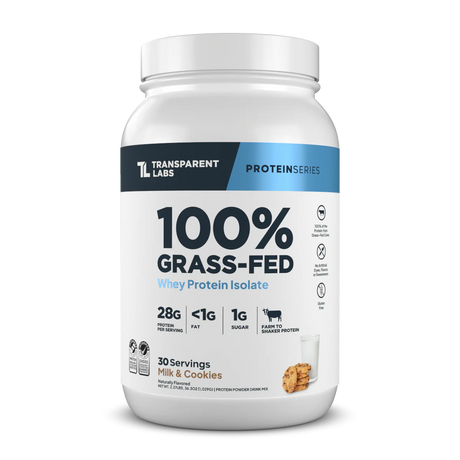 Transparent Labs 100% Grass-Fed whey protein isolate powder in Milk & Cookies flavor