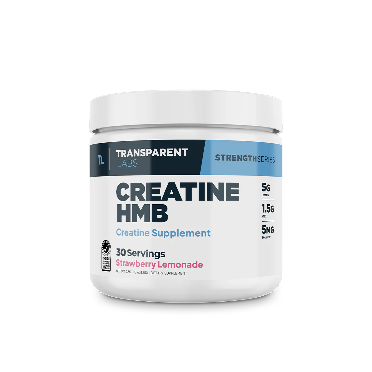 A container of Transparent Labs Creatine HMB in Strawberry Lemonade 30 servings, which is a creatine supplement.