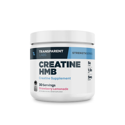 A container of Transparent Labs Creatine HMB in Strawberry Lemonade 30 servings, which is a creatine supplement.