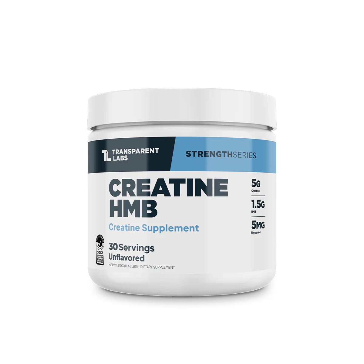 A 30 serving container of Transparent Labs Creatine HMB Unflavored, which is a creatine supplement.