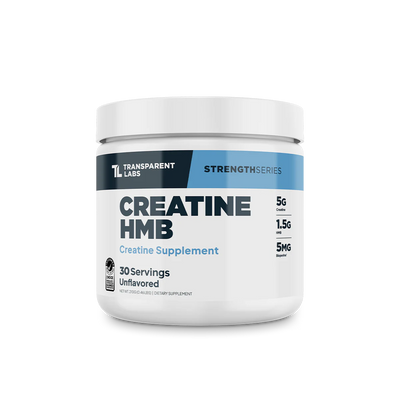 A 30 serving container of Transparent Labs Creatine HMB Unflavored, which is a creatine supplement.