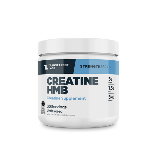 A 30 serving container of Transparent Labs Creatine HMB Unflavored, which is a creatine supplement.