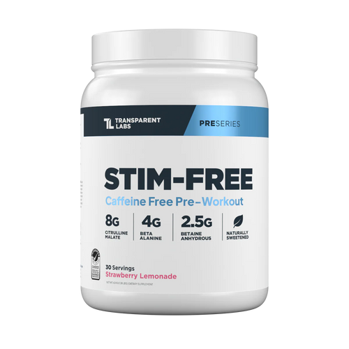 Transparent Labs Stim-Free caffeine-free pre-workout—8g citrulline, 4g beta-alanine, 2.5g betaine; naturally flavored, third-party tested.