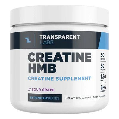 Transparent Labs Creatine HMB Sour Grape 30 servings supplement container on a white background