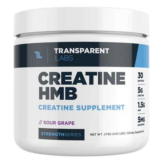 Transparent Labs Creatine HMB Sour Grape 30 servings supplement container on a white background