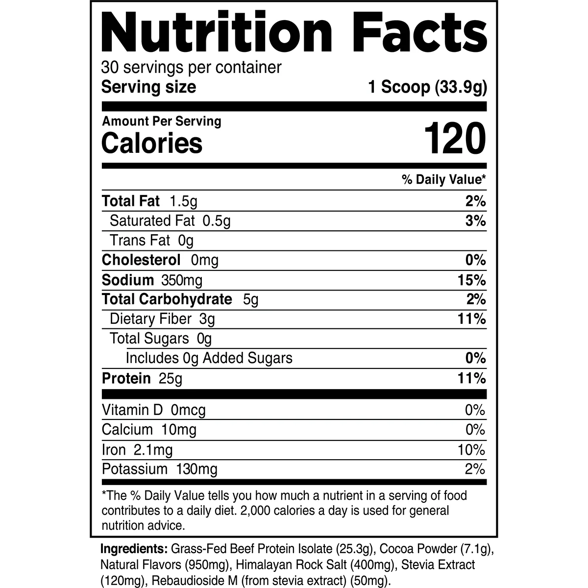 Nutrition facts label for Transparent Labs Grass-fed Beef Protein Isolate product with serving size, calories, and nutritional content.