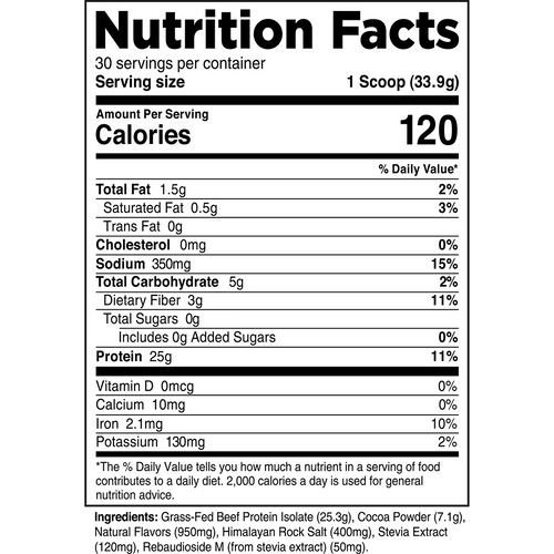 Nutrition facts label for Transparent Labs Grass-fed Beef Protein Isolate product with serving size, calories, and nutritional content.