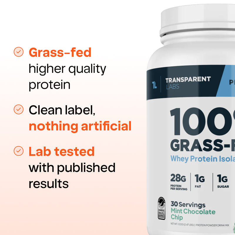 Transparent Labs Grass-Fed Whey Protein Isolate — 28g Protein, Clean Ingredients