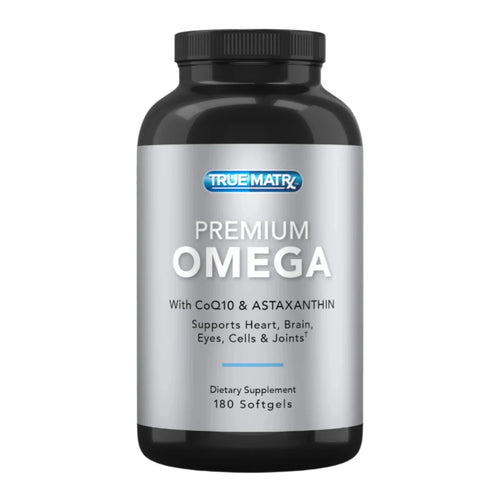 True Matrix Premium Omega 3 supplement bottle on a white background