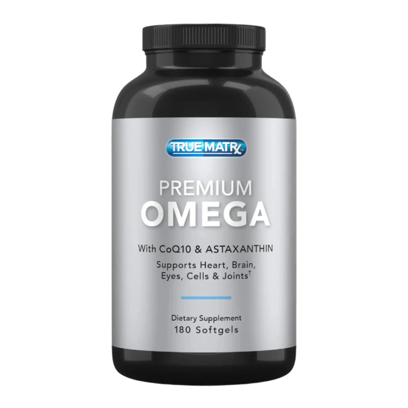 True Matrix Premium Omega 3 supplement bottle on a white background
