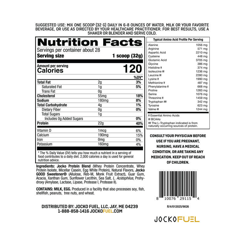 Ingredients and Macros Nutrition Panel for Jocko Fuel Molk Whey Protein Powder Supplement in Vanilla Milkshake Flavor
