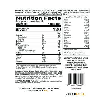 Ingredients and Macros Nutrition Panel for Jocko Fuel Molk Whey Protein Powder Supplement in Vanilla Milkshake Flavor