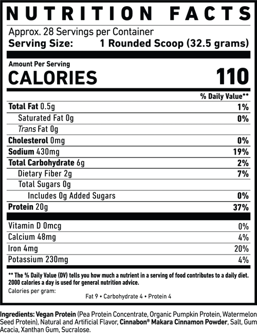 Nutrition facts label for Ghost Vegan Protein powder with serving size, calories, and nutritional content for the Cinnabon flavor
