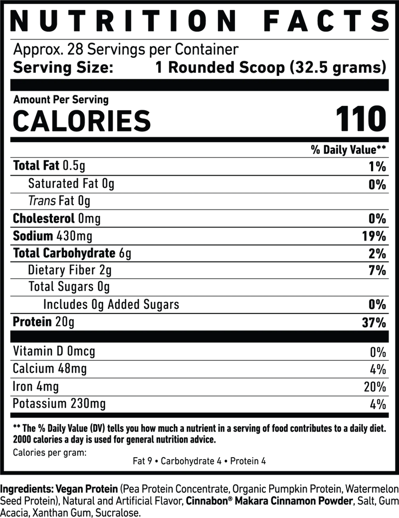 Nutrition facts label for Ghost Vegan Protein powder with serving size, calories, and nutritional content for the Cinnabon flavor