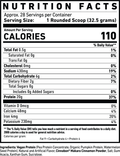 Nutrition facts label for Ghost Vegan Protein powder with serving size, calories, and nutritional content for the Cinnabon flavor