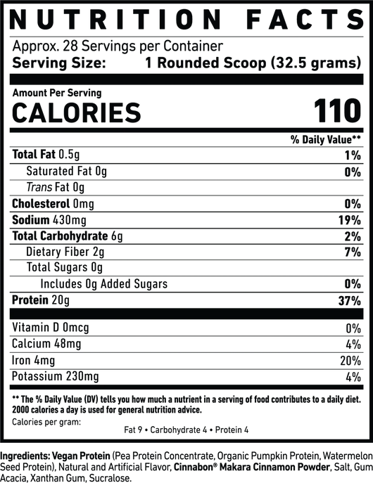 Nutrition facts label for Ghost Vegan Protein powder with serving size, calories, and nutritional content for the Cinnabon flavor