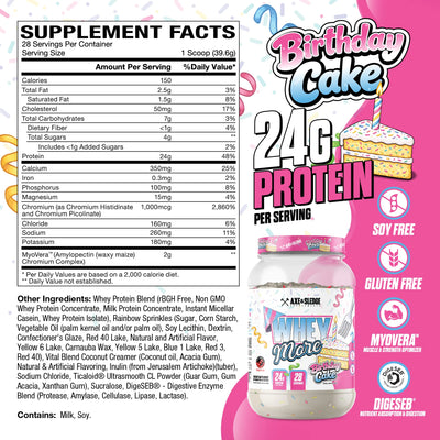 Axe & Sledge Whey More Birthday Cake protein powder Supplement Facts Label