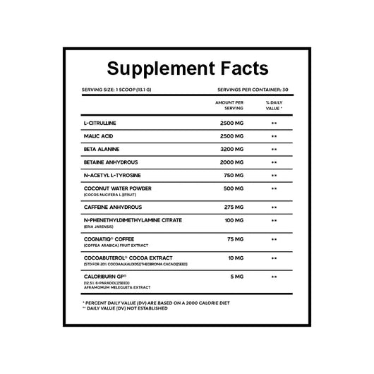 YOLO Shred Darkside supplement facts with citrulline, beta-alanine, betaine, caffeine, & CaloriBurn GP facts and ingredients panel