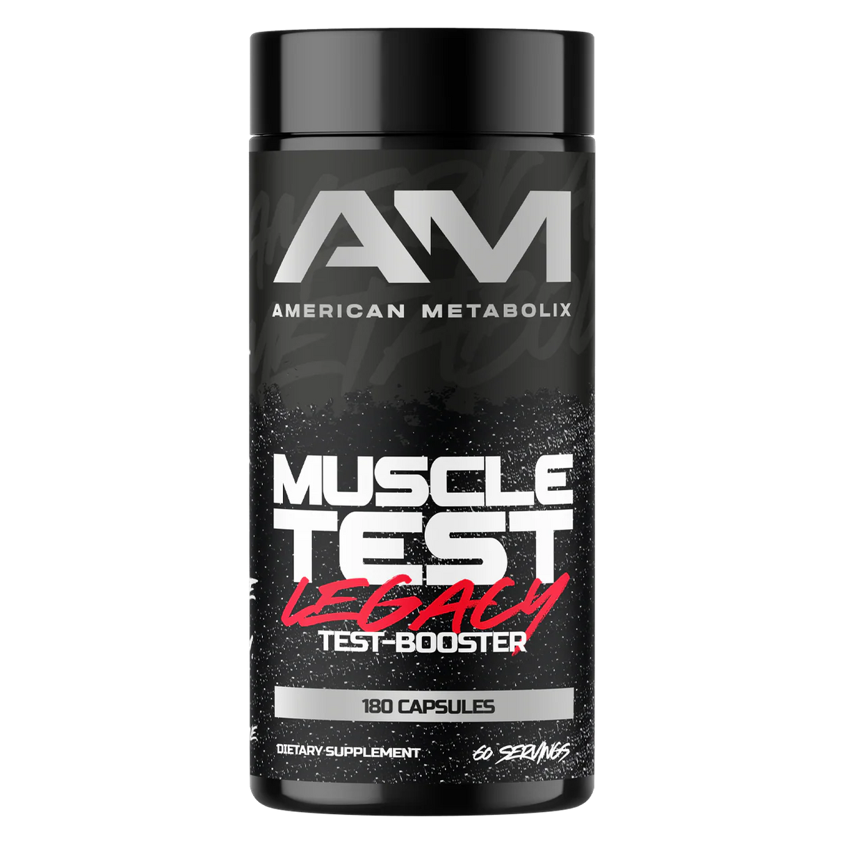 Black supplement bottle labeled 'American Metabolix Muscle Test Legacy' on a white background
