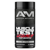 Black supplement bottle labeled 'American Metabolix Muscle Test Legacy' on a white background