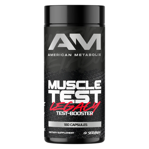 Black supplement bottle labeled 'American Metabolix Muscle Test Legacy' on a white background
