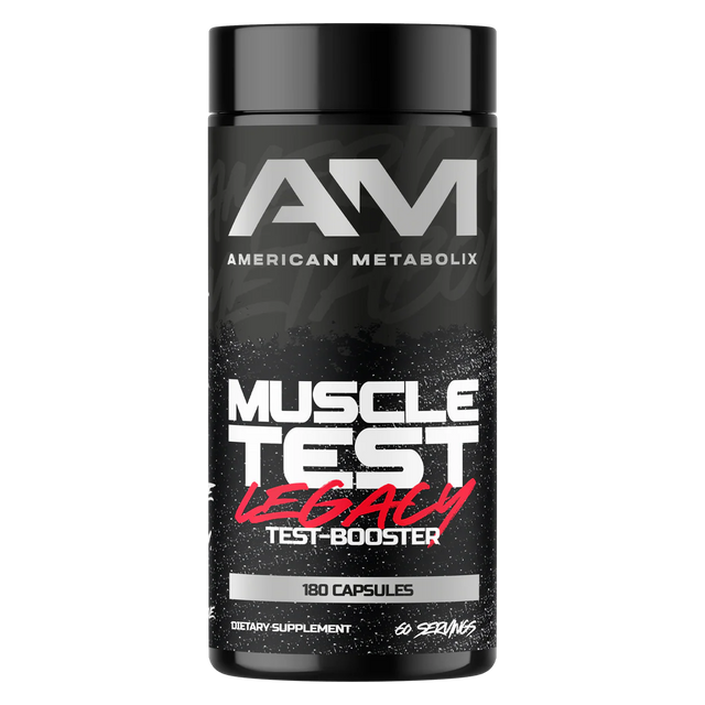 Black supplement bottle labeled 'American Metabolix Muscle Test Legacy' on a white background