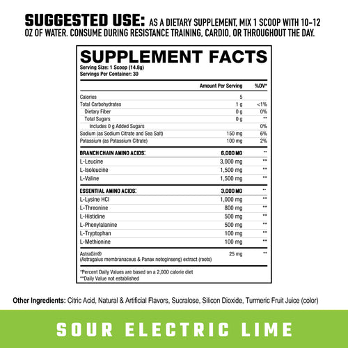 Axe & Sledge The Grind BCAAs EAAs Supplement label with ingredient list and nutritional information on a white background