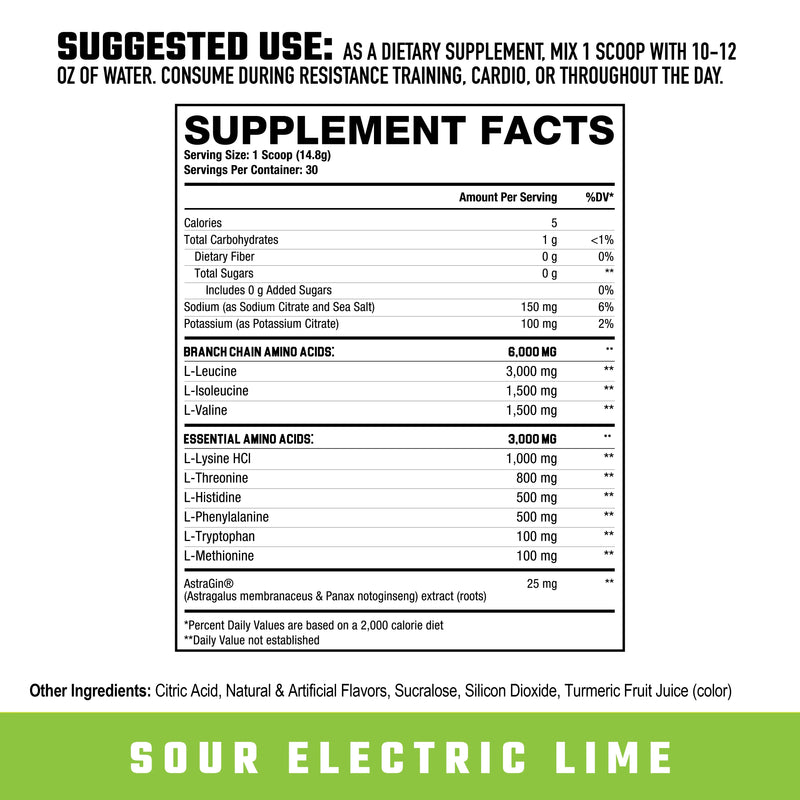 Axe & Sledge The Grind BCAAs EAAs Supplement label with ingredient list and nutritional information on a white background