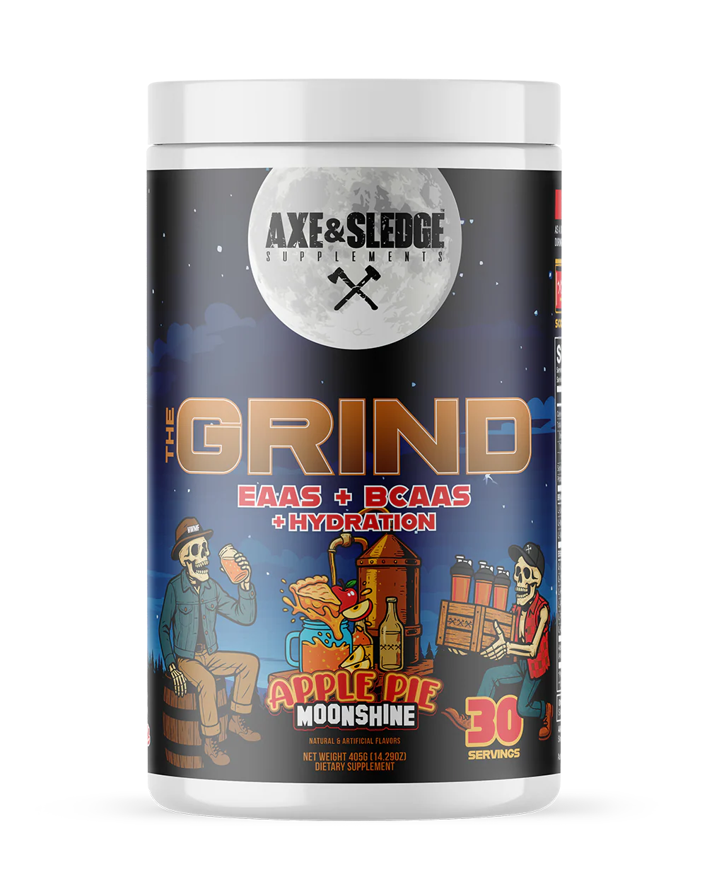 Supplement container labeled 'The Grind' by Axe & Sledge on a white background