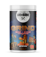 Supplement container labeled 'The Grind' by Axe & Sledge on a white background