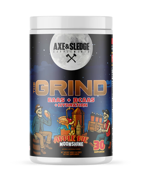 Supplement container labeled 'The Grind' by Axe & Sledge on a white background