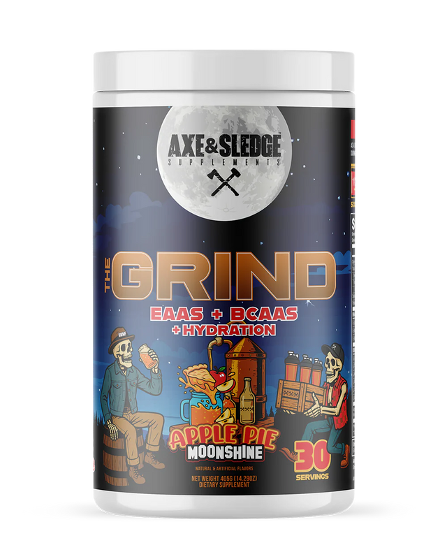 Supplement container labeled 'The Grind' by Axe & Sledge on a white background