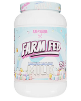 A container of Axe & Sledge Farm Fed Marshmallow Milk whey protein powder.
