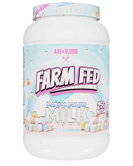 A container of Axe & Sledge Farm Fed Marshmallow Milk whey protein powder.