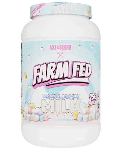 A container of Axe & Sledge Farm Fed Marshmallow Milk whey protein powder.