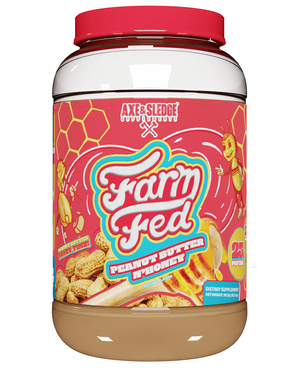 A container of Axe & Sledge Farm Fed Peanut Butter N'Honey whey protein powder.